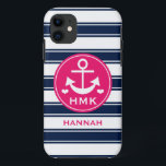 CAPA PARA iPhone 11 ÂNCORA MONOGRAMMED DO ROSA E DO MARINHO<br><div class="desc">ESTES ÂNCORA BONITO, FORMAL E FEMININO E DESIGN TEMÁTICO NÁUTICO DAS LISTRAS NO MARINHO AZUL ESCURO, MATIZ FÚCSIA E BRANCAS DO ROSA QUENTE PODEM SER PERSONALIZADOS COM SEU NOME E SER PERSONALIZADOS COM SEU MONOGRAMA E TRÊS INICIAIS DA LETRA DEBAIXO DOS CORAÇÕES. ESTÚDIOS DE CHRISSY H. DO © DOS TRABALHOS...</div>