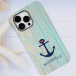 Capa Para iPhone 11 Âncora Náutica Da Madeira De Praia Afastada Person<br><div class="desc">Madeira azul-praia tropical em relevo,  com âncora náutica azul marinho e capa de telefone personalizada.</div>