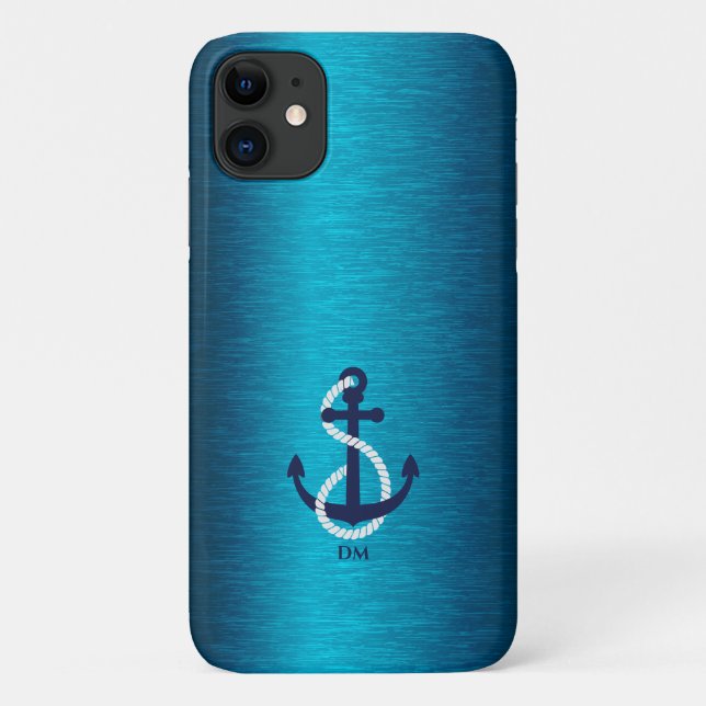 Capa Para iPhone 11 Âncora náutica em textura metálica azul (Verso)
