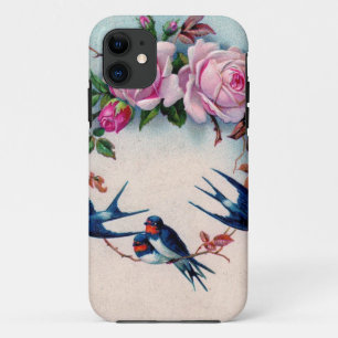 Capa Para iPhone 11 andorinhas e rosas do vintage em ciano