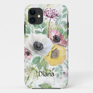 Capa Para iPhone 11 Anêmonas rosa, branco e amarelo.