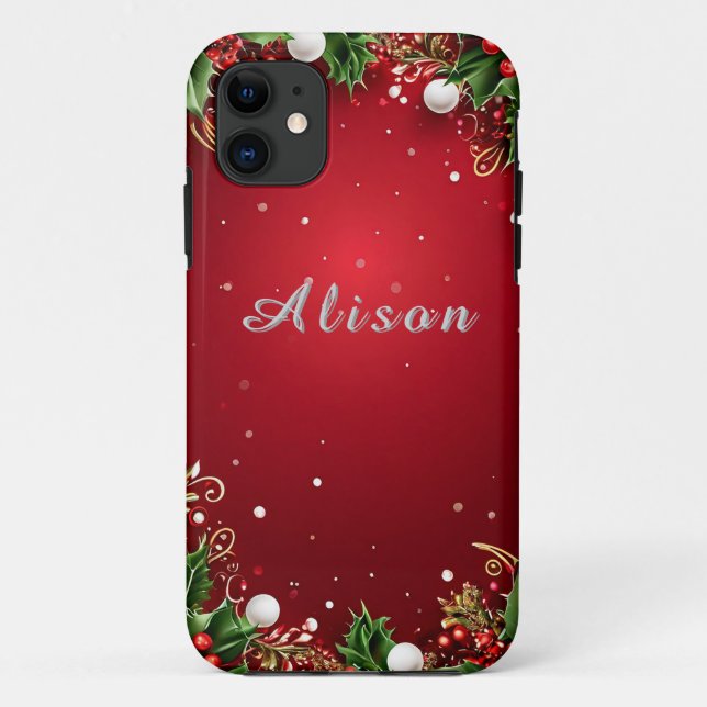 Capa Para iPhone 11 Antecedentes festivos de Natal com Holly, Berries (Verso)