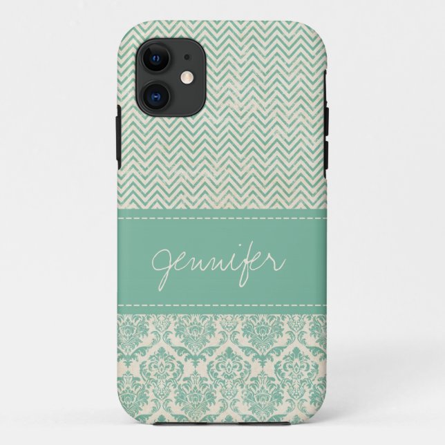 Capa Para iPhone 11 Antiga Aqua Distressed Nome Personalizado (Verso)