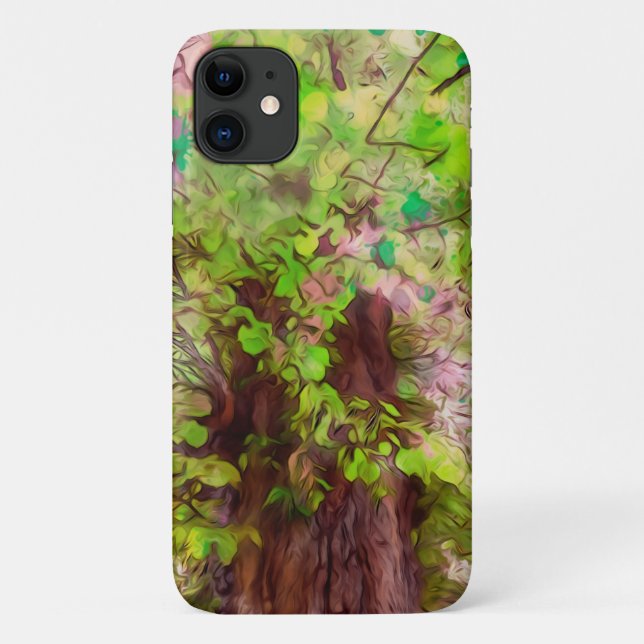 Capa Para iPhone 11 Antiga Árvore Espessa Ramifica Verde e Mágica Roxa (Verso)
