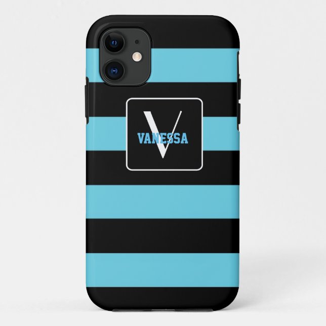 Capa Para iPhone 11 Aqua Azul & Listras Pretas - Personalize o Seu Pró (Verso)