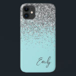 Capa Para iPhone 11 Aqua Azul Prateado Brilhante Monograma Menina<br><div class="desc">Monograma de Nome e Inicial de Metal Escovado com Brilho e Glitter Falso Prateado e Azul Aqua para Celular. Isso torna o presente perfeito para aniversário de 16 anos, casamento, chá de noiva, aniversário de casamento, chá de bebê ou festa de despedida de solteira para alguém que ama luxo glamoroso...</div>