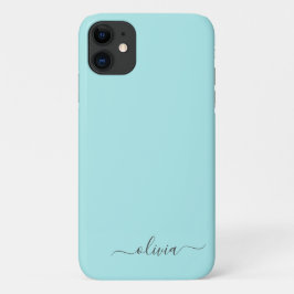 Capa Para iPhone 11 Aqua Blue Teal Girly Script Monograma Nome Moderno
