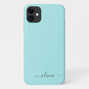 Capa Para iPhone 11 Aqua Blue Teal Girly Script Monograma Nome Moderno