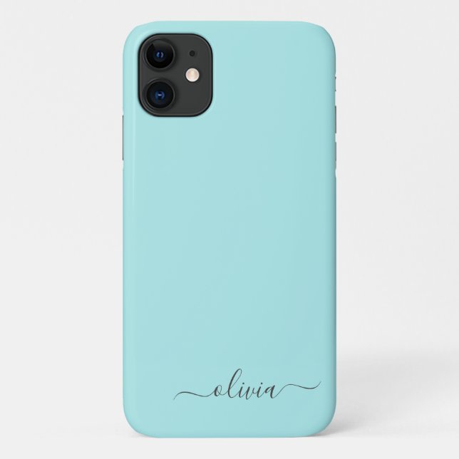Capa Para iPhone 11 Aqua Blue Teal Girly Script Monograma Nome Moderno (Verso)