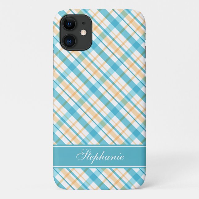 Capa Para iPhone 11 Aqua e teste padrão amarelo da xadrez (Verso)
