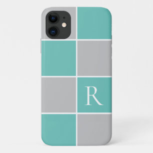 Capa Para iPhone 11 Aqua moderno, monograma de blocos de cor quadrada