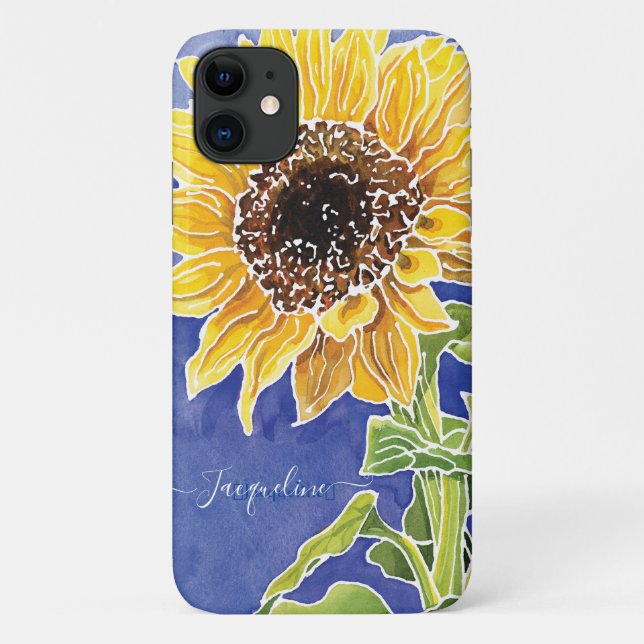 Capa Para iPhone 11 Aquarela Floral Amarelo-Azul-girassol (Verso)