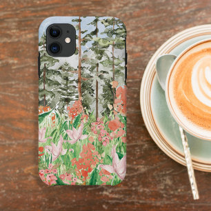 Capa Para iPhone 11 Aquarela Floral de Coral Rosa Prado na Montanha