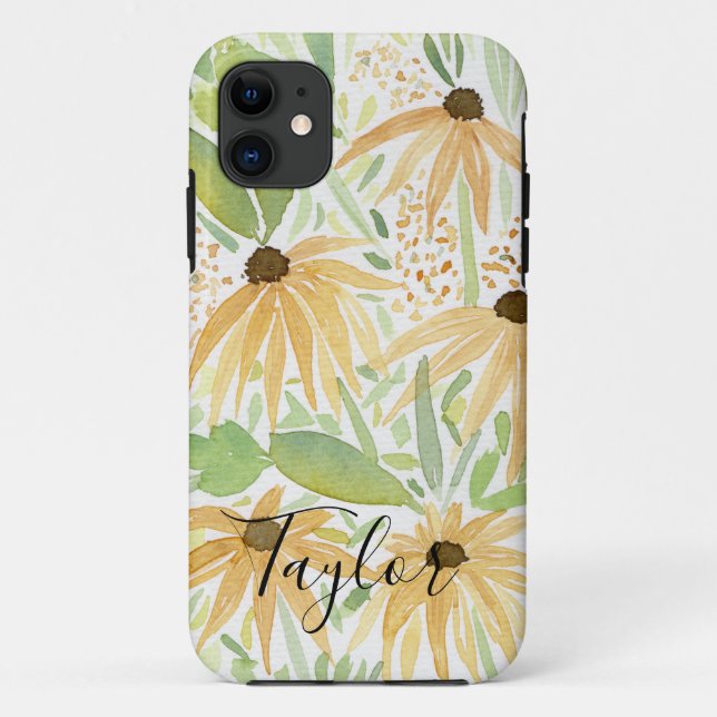 Capa Para iPhone 11 Aquarela Girassóis, Arte Botânica (Verso)