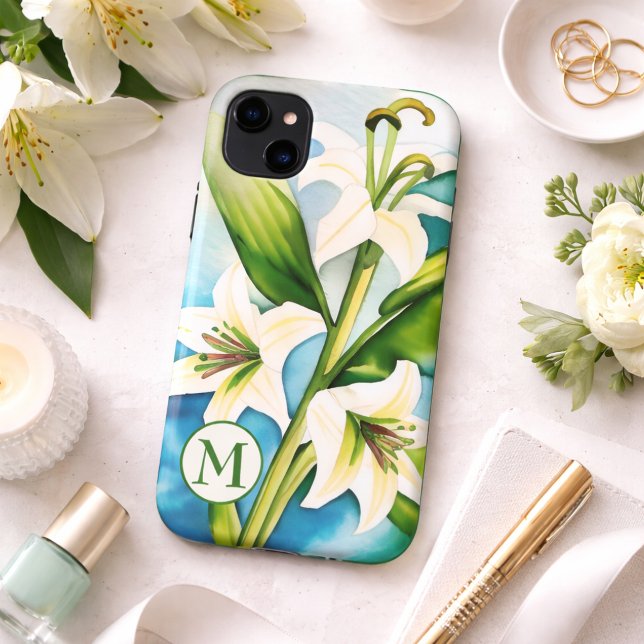 Capa Para iPhone 11 Aquarela Lírio Branco com Monograma (Criador carregado)