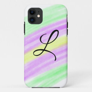Capa Para iPhone 11 Aquarela verde simples roxo adicione seu monograma