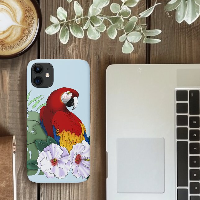 Capa Para iPhone 11 Arara Vermelha Papagaio Tropical Hibisco Branco Fl (Criador carregado)