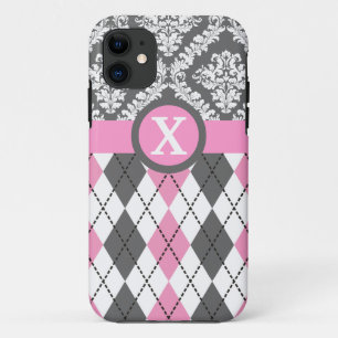 Capa Para iPhone 11 Argyle e rosa da cor damasco, monograma amarelo