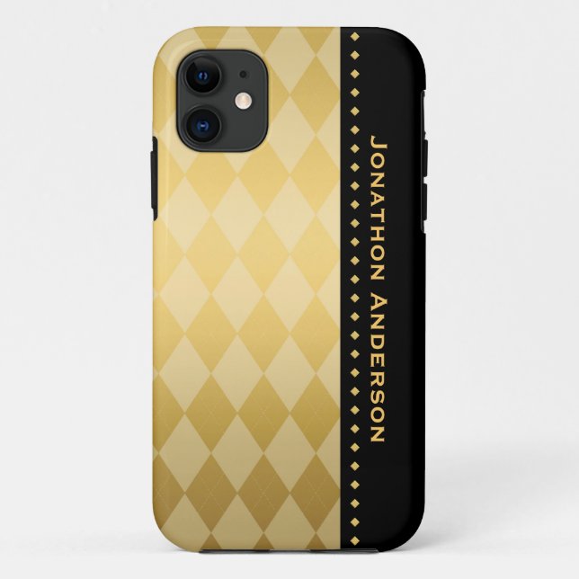 Capa Para iPhone 11 Argyle masculino preto e Dourado luxuoso (Verso)