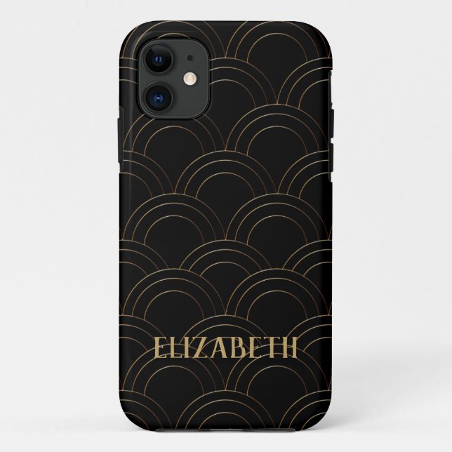 Capa Para iPhone 11 Art Deco Dourado Nome Preto Personalizado (Verso)
