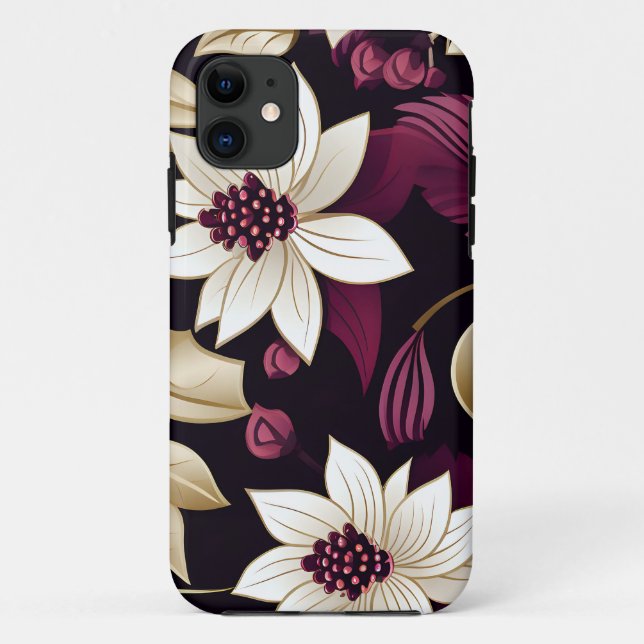 Capa Para iPhone 11 Art Deco Floral Sobre A Borgonha (Verso)
