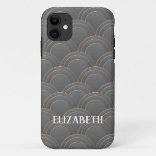 Capa Para iPhone 11 Art Deco Nome de Cinza Dourada Personalizado Perso