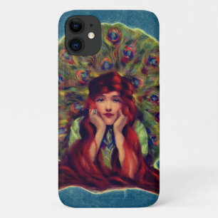 Capa Para iPhone 11 Art nouveau deco elegante mulher, penas de pavão