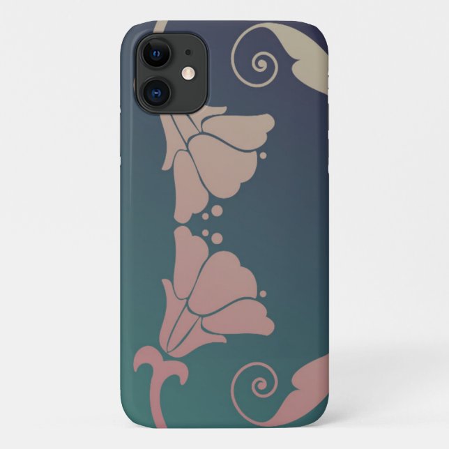 Capa Para iPhone 11 Art nouveau fuschia flor azul verde rosa (Verso)