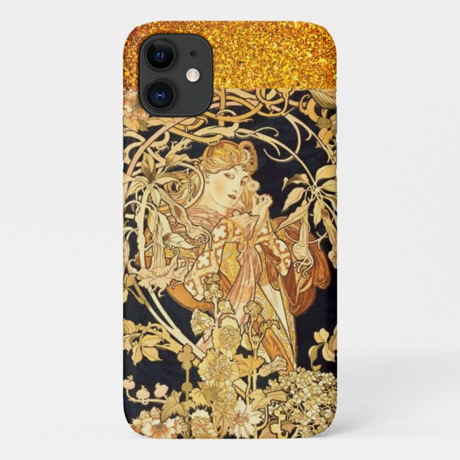 Capa Para iPhone 11 Art nouveau mulher alfanumérica mucha ouro negro (Verso)
