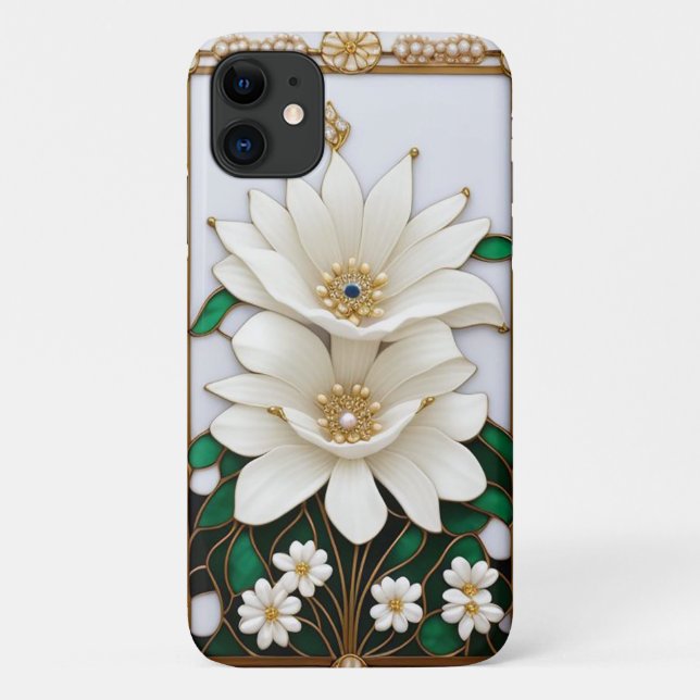 Capa Para iPhone 11 Arte de Flor Branca com Ouro Luxuoso (Verso)