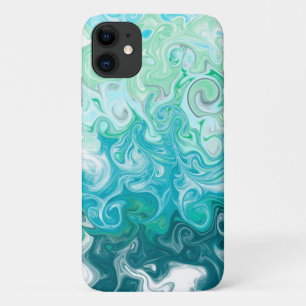 Capa Para iPhone 11 Arte de Fluido Digital de Ondas Azuis e Verdes