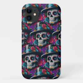 Capa Para iPhone 11 Arte do Crânio do Açúcar - Chapéu Superior e Rosas