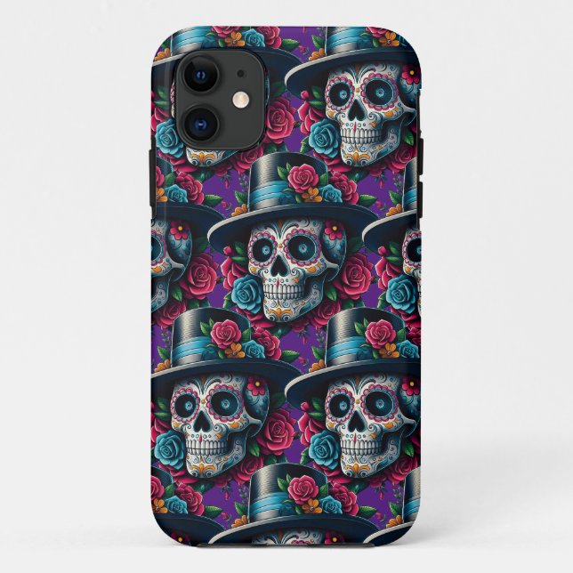 Capa Para iPhone 11 Arte do Crânio do Açúcar - Chapéu Superior e Rosas (Verso)