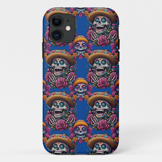 Capa Para iPhone 11 Arte do crânio do açúcar - Dia vibrante dos mortos (Verso)
