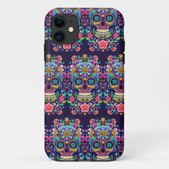 Capa Para iPhone 11 Arte do Crânio do Açúcar - Expressão vibrante da t (Verso)