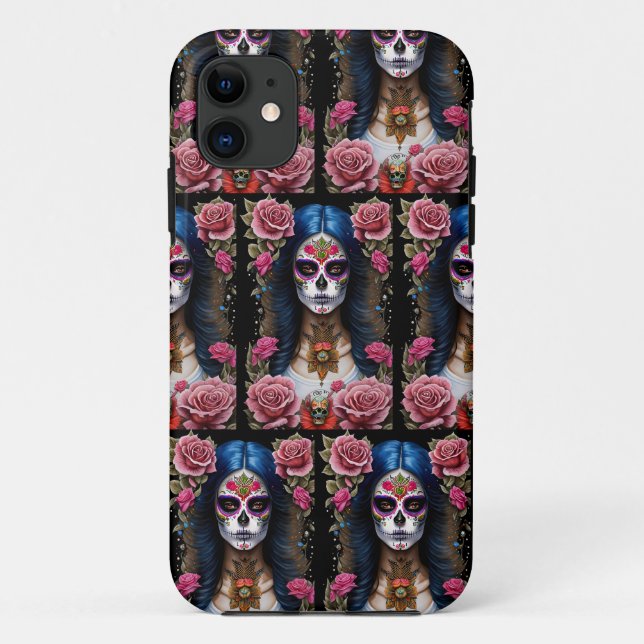 Capa Para iPhone 11 Arte do Crânio do Açúcar - Mulher Tradicional (Verso)