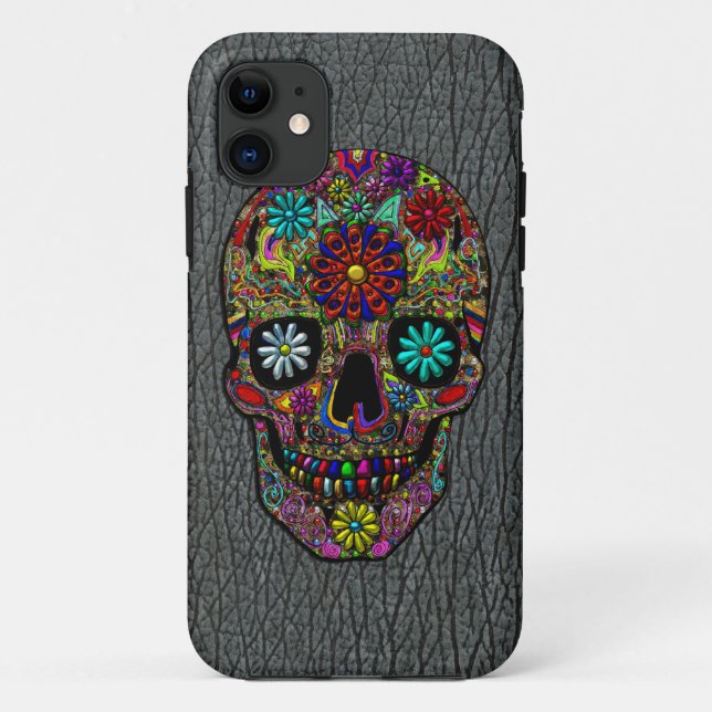 Capa Para iPhone 11 Arte floral pintada do crânio (Verso)