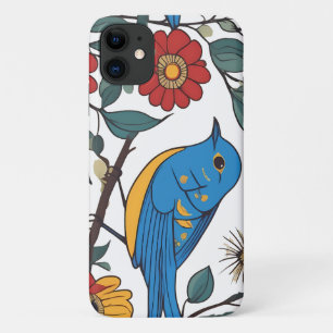Capa Para iPhone 11 Arte Foliar de Pássaro Azul e Flor Selvagem