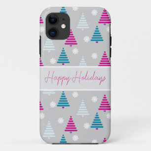 Capa Para iPhone 11 Árvore de Natal de Férias, azul, rosa simples