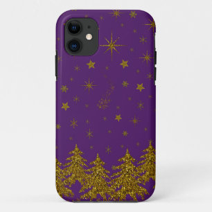 Capa Para iPhone 11 Árvore de Natal pouco Dourada, estrelas, neve em r