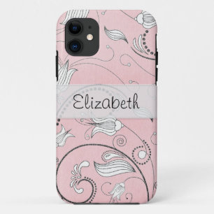 Capa Para iPhone 11 As flores pretas cinzentas cor-de-rosa costuraram