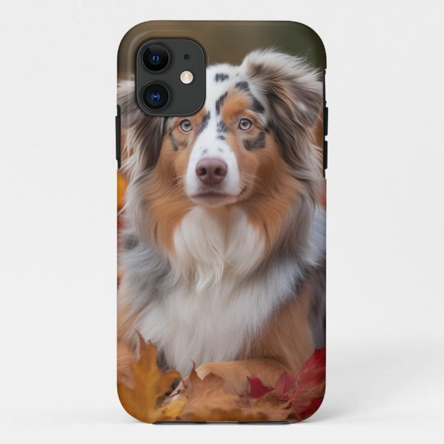 Capa Para iPhone 11 Australian Shepherd  no Outono Folhas Caem Inspira (Verso)