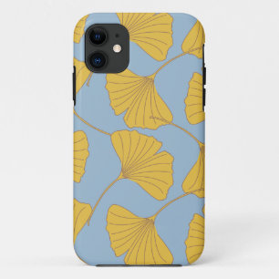 Capa Para iPhone 11 Azul e folhas Dourados de Ginko Biloba da
