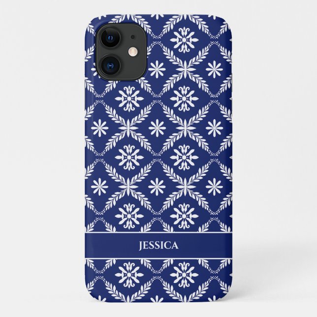 Capa Para iPhone 11 Azul Escuro Personalizado e Branco Geométrico Flor (Verso)