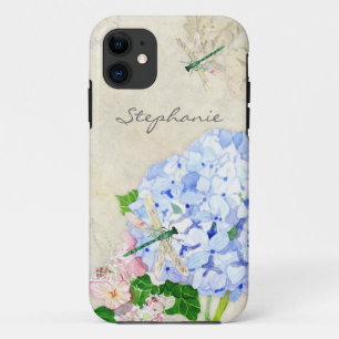 Capa Para iPhone 11 Azul Floral n Rosa Hydrangeas Elegante Aquarela