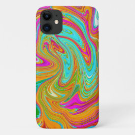 Capa Para iPhone 11 Azul, Laranja e Rosa Quente Abstrato Retro Groovy