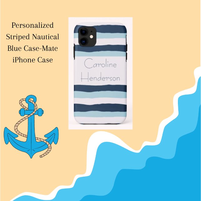 Capa Para iPhone 11 Azul Náutico Estriado Personalizado (Personalized Striped Nautical Blue Case-Mate iPhone Case)