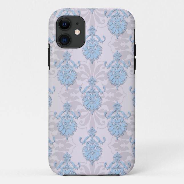 Capa Para iPhone 11 Azul Pálido e Branco Prateado Damasco (Verso)