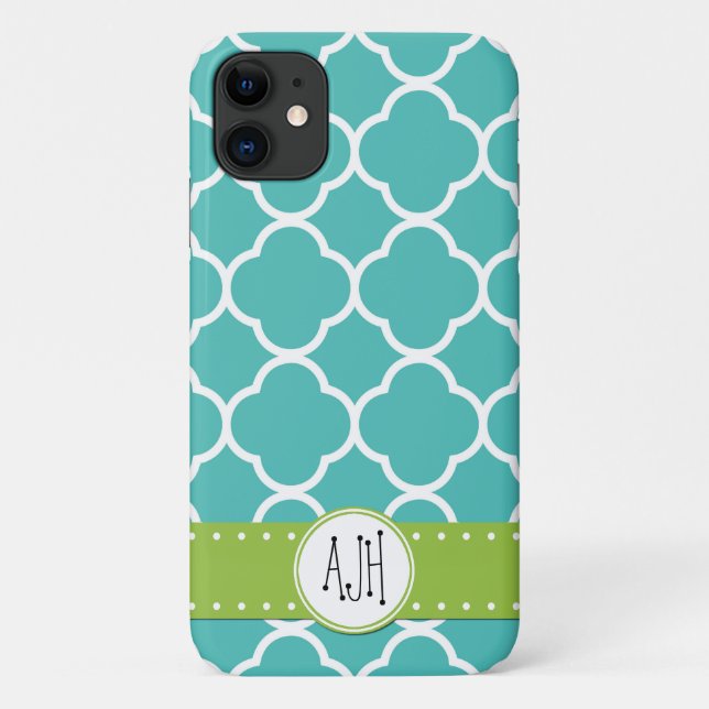 Capa Para iPhone 11 Azul Quatrefoil, Trellis marroquina, Monograma (Verso)