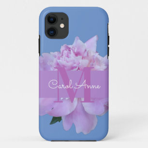 Capa Para iPhone 11 Azul Suave, Flor Rosa, Monograma